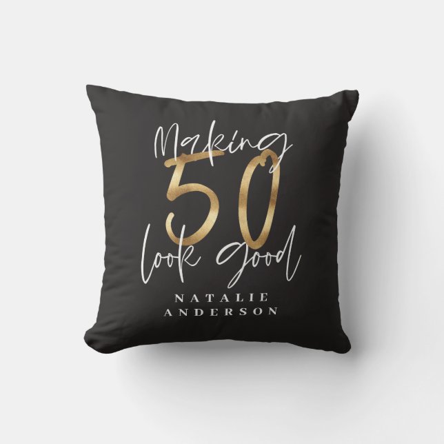 modern typography gold black 50th birthday cushion (Front)