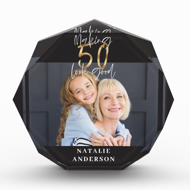 modern typography gold black 50th birthday photo block (Front)