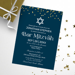 Modern Typography Gold Confetti Blue Bar Mitzvah Invitation