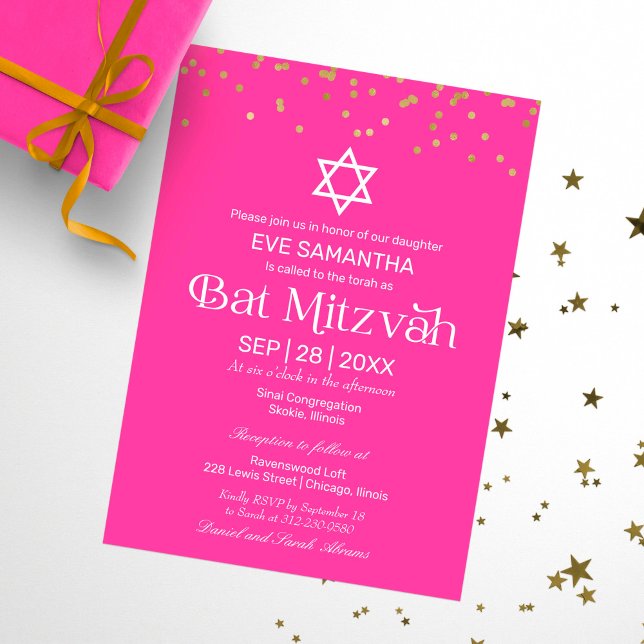 Modern Typography Gold Confetti Pink Bat Mitzvah Invitation (Creator Uploaded)
