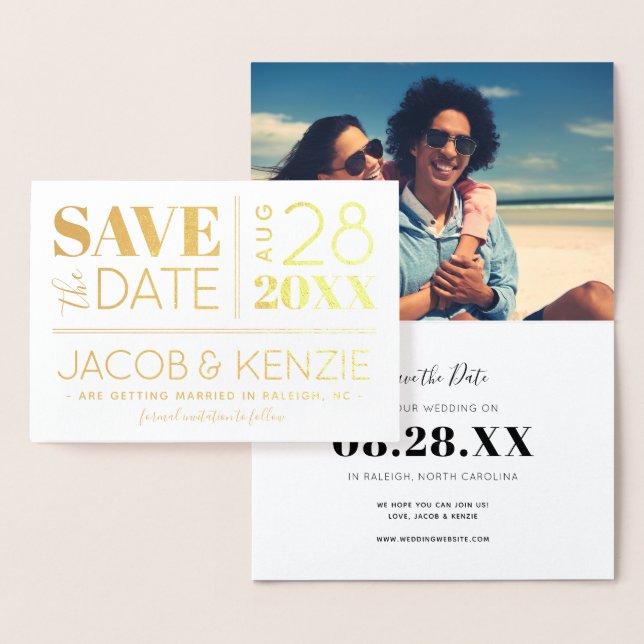 Modern Typography Gold Foil Photo Save the Date Card (Display)