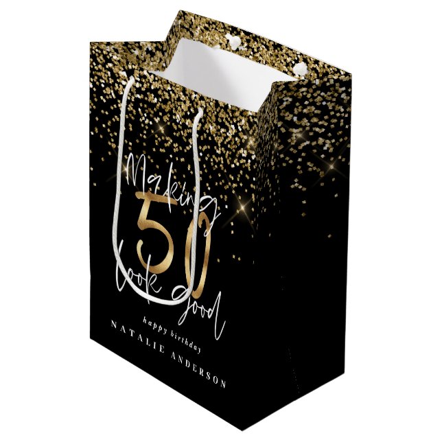 Modern typography gold glitter chic 50th birthday medium gift bag (Front Angled)