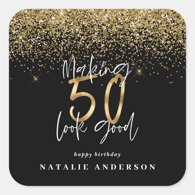 Modern typography gold glitter chic 50th birthday square sticker (Front)