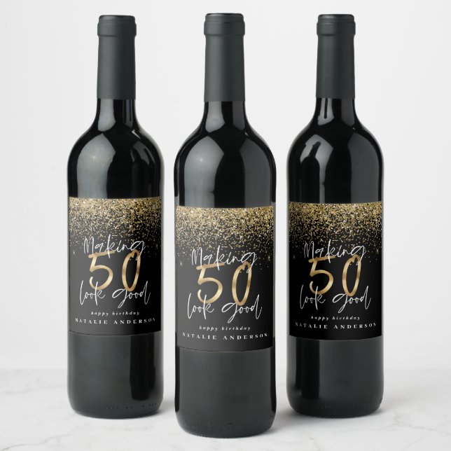 Modern typography gold glitter chic 50th birthday wine label (Bottles)