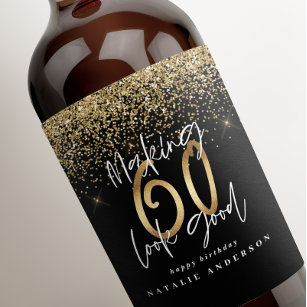 Modern typography gold glitter chic 60th birthday wine label