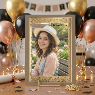 Modern Typography Gold Ornate Frame Floral Photo Invitation