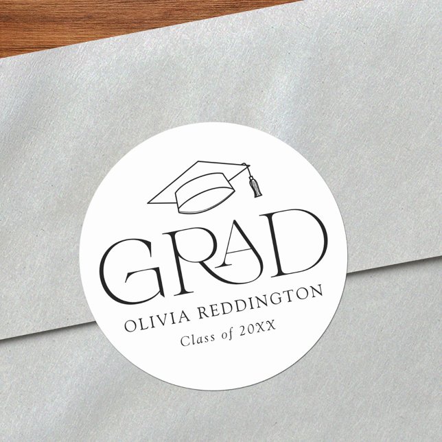 Modern Typography Grad Cap Graduation Classic Round Sticker (Creator Uploaded)