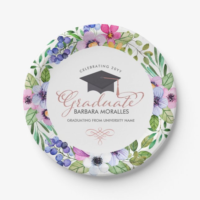 Modern Typography Graduate- Boho Flowers Frame Paper Plate (Front)