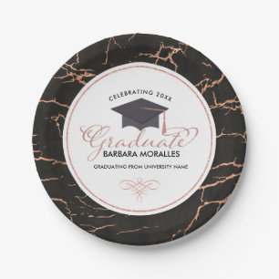 Modern Typography Graduate Rose-Gold- Black Marble Paper Plate