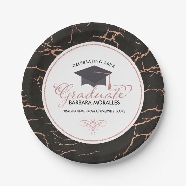 Modern Typography Graduate Rose-Gold- Black Marble Paper Plate (Front)