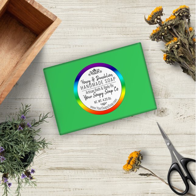 Modern Typography Handmade Soap Rainbow Border Classic Round Sticker (Creator Uploaded)
