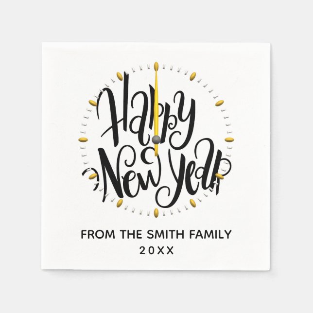 Modern Typography Happy New Year Clock Napkin (Front)