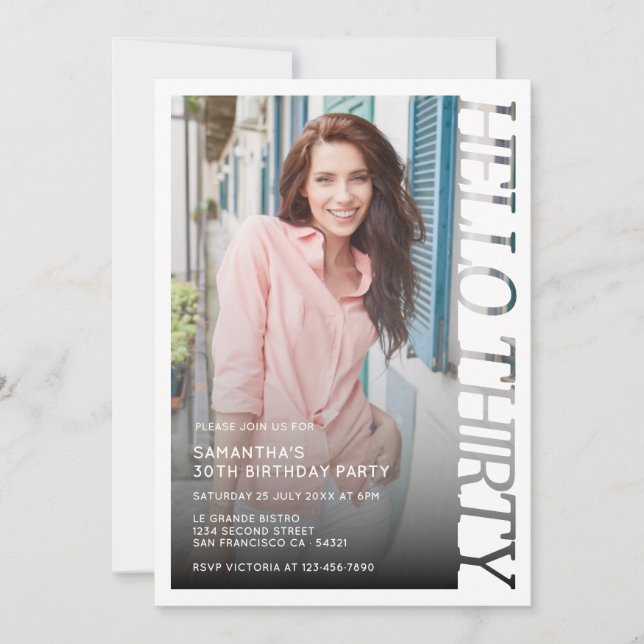 Modern Typography Hello Thirty Birthday Photo Invitation (Front)