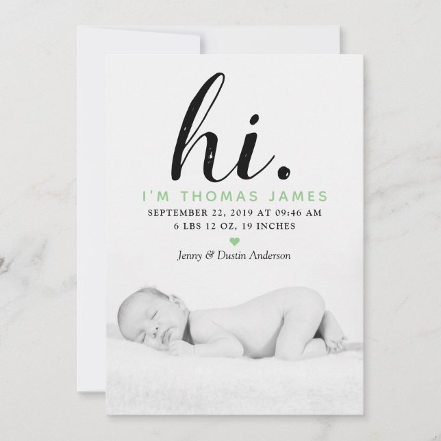 Modern Typography "Hi." Photo Birth Announcement (Front)