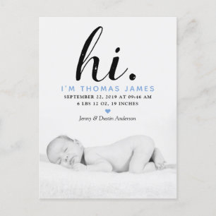 Modern Typography "Hi." Photo Birth Announcement Postcard