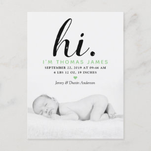 Modern Typography "Hi." Photo Birth Announcement Postcard