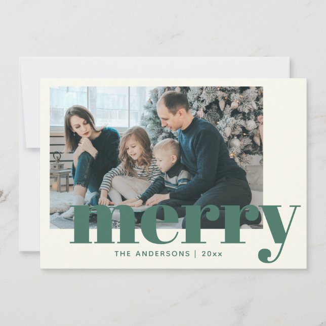 Modern Typography in Green Merry Custom Photo Holiday Card (Front)