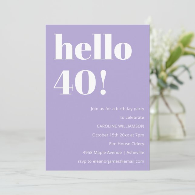 Modern Typography Lavender 40th Birthday Party Invitation (Standing Front)