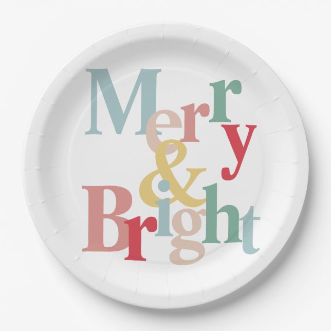 Modern typography Merry and bright Paper Plate (Front)