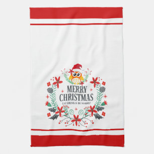 Modern Typography Merry Christmas Christmas Owl Tea Towel