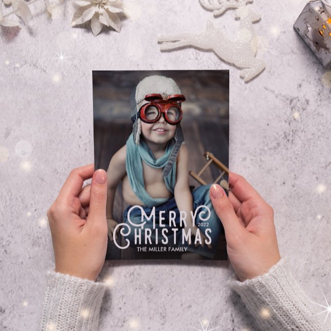 Modern Typography Merry Christmas Full-Bleed Photo Holiday Card (Creator Uploaded)