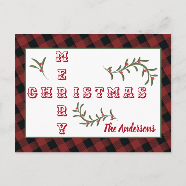 Modern typography Merry Christmas plaid  Holiday Postcard (Front)