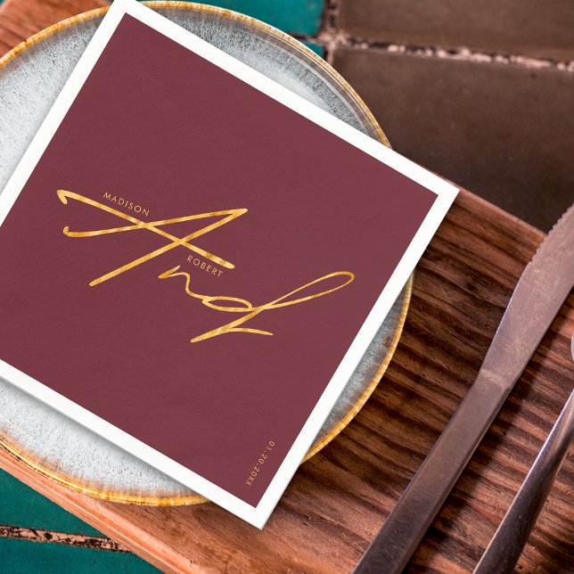 Modern Typography Minimalist Burgundy Gold Wedding Napkin (Creator Uploaded)