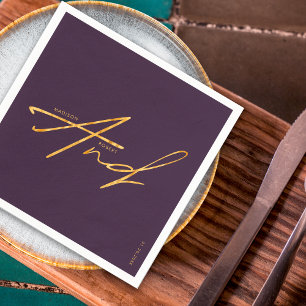 Modern Typography Minimalist Purple Gold Wedding Napkin