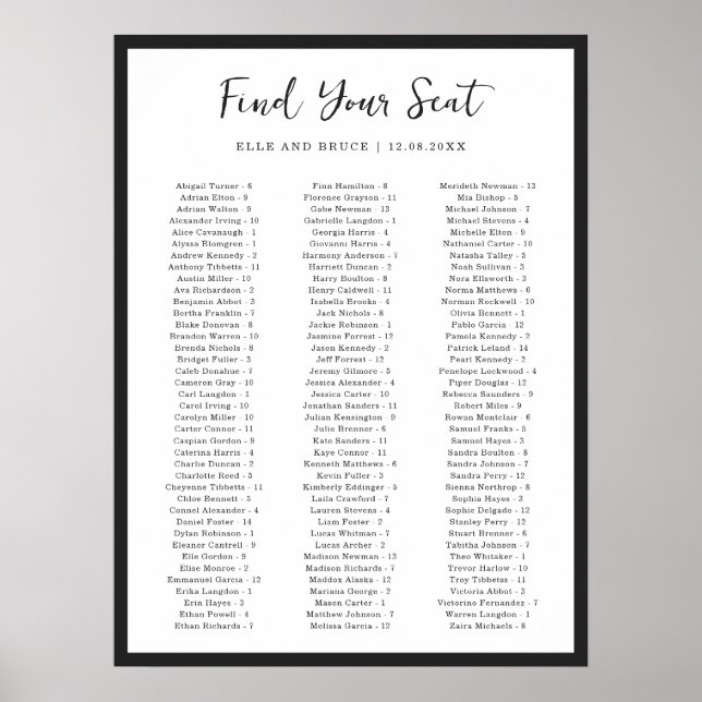 Modern Typography Minimalist Wedding Seating Chart (Front)