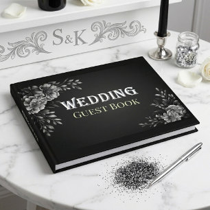 Modern Typography Monochrome Black White Wedding Guest Book