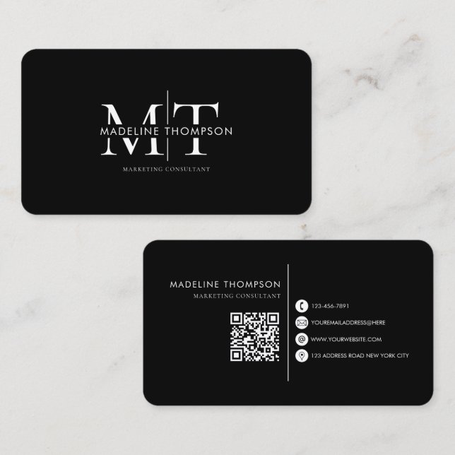 Modern Typography Monogram Black QR Code Business Card (Front/Back)