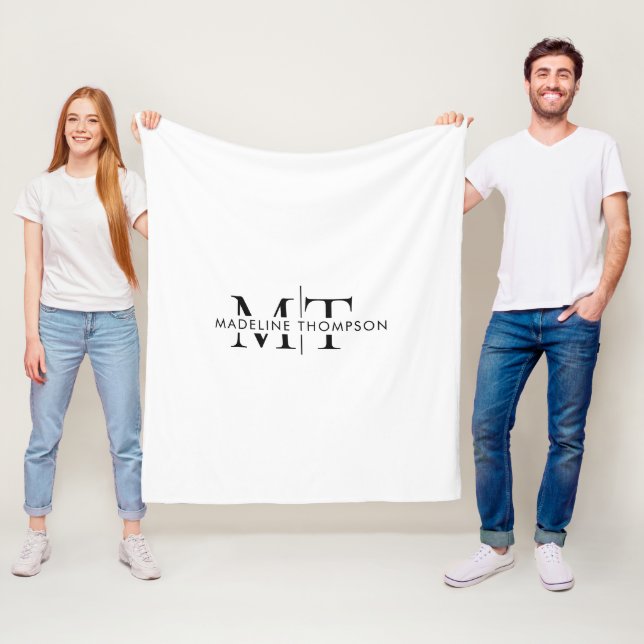 Modern Typography Monogram Black White Fleece Blanket (In Situ)