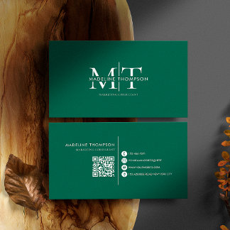 Modern Typography Monogram Emerald Green QR code Business Card