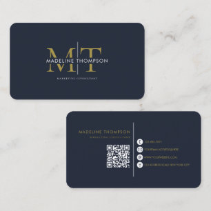 Modern Typography Monogram Navy Blue Gold QR code Business Card