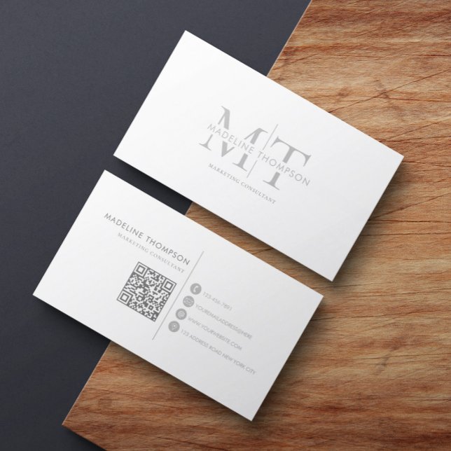 Modern Typography Monogram Silver Grey QR code Business Card (Creator Uploaded)