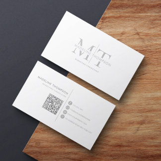Modern Typography Monogram Silver Grey QR code Business Card