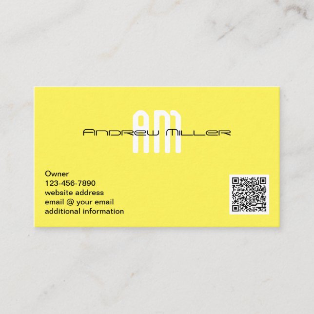 Modern Typography Monogram Yellow Add QR Code Business Card (Front)