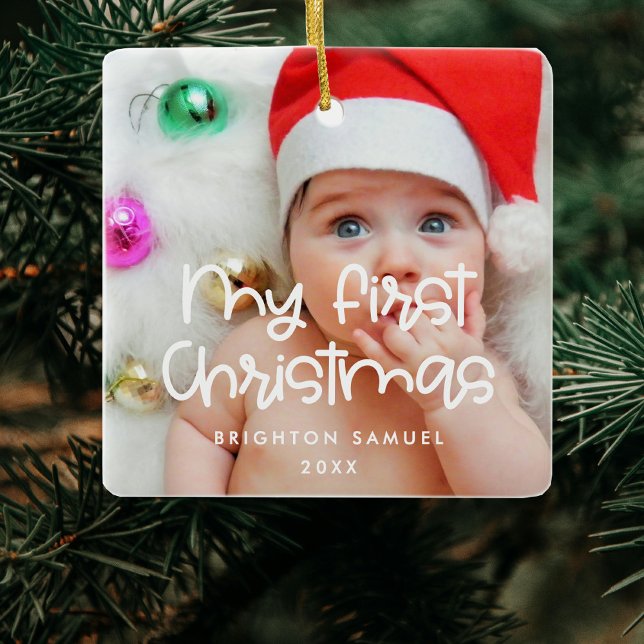 Modern typography My First Christmas baby photo Ceramic Ornament (Creator Uploaded)