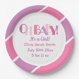 Modern Typography Oh Baby Pink Baby Shower Paper Paper Plate