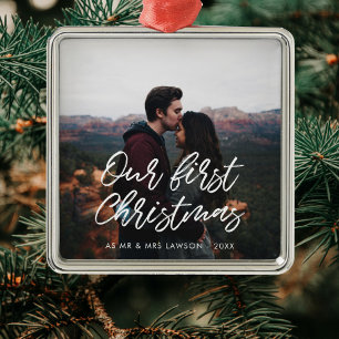 Modern typography Our First Christmas couple photo Metal Tree Decoration