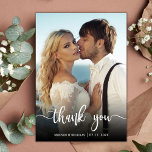 Modern Typography Overlay Script Photo Wedding Thank You Card<br><div class="desc">Modern Elegant Simple Hand Lettered Wedding Photo Thank You Card. Modern Stylish wedding thank you postcard template featuring a full vertical photo on the front with the overlay text "Thank You" in a hand lettered typography script font in white on the picture. Personalise the custom name and thank you message....</div>