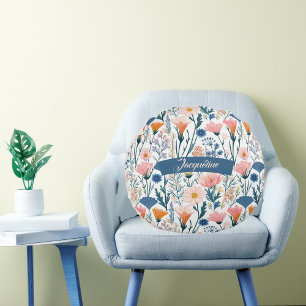 Modern Typography Pastel Wildflower Blooms Floral Round Cushion