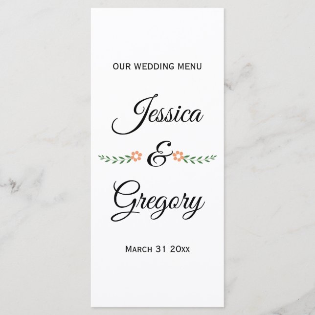 Modern typography peach flowers wedding menu card (Front)