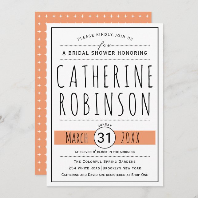 Modern typography peach wedding bridal shower invitation (Front/Back)
