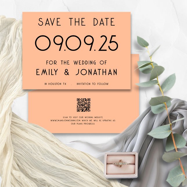 Modern Typography Peach Wedding Save The Date (Front and back view)