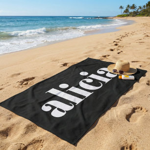 Modern Typography Personalised Name Black White Beach Towel