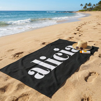 Modern Typography Personalised Name Black White Beach Towel