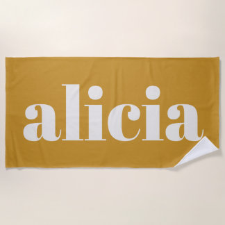 Modern Typography Personalised Name Mustard Yellow Beach Towel