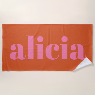 Modern Typography Personalised Name   Pink Orange  Beach Towel