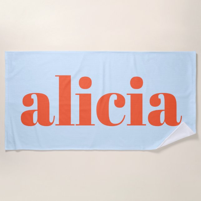 Modern Typography Personalized Name Blue Orange Beach Towel (Front)